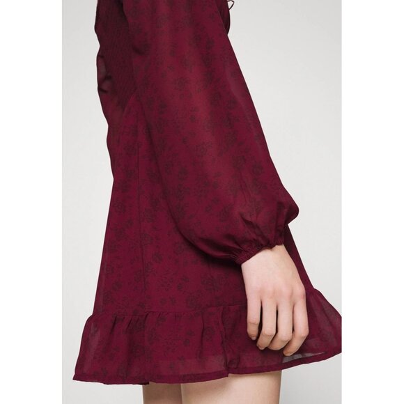 Hollister Burgundy Black Floral Babydoll Mini Dress Fairy Grunge Whimsy Goth - Picture 5 of 12
